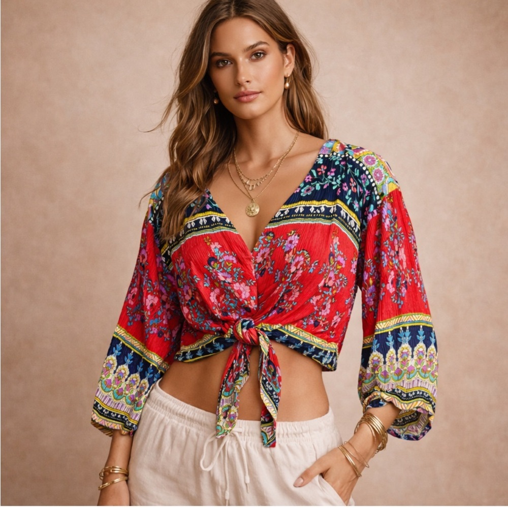 Patrons of Peace Red Floral Tie-Front Blouse